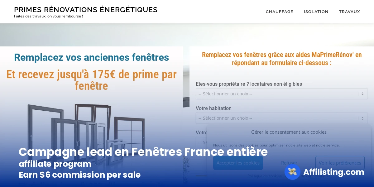 Campagne lead en Fenêtres France entière affiliate program