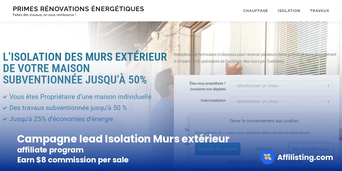 Campagne lead Isolation Murs extérieur affiliate program