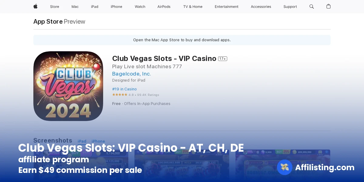 Club Vegas Slots: VIP Casino - AT, CH, DE affiliate program