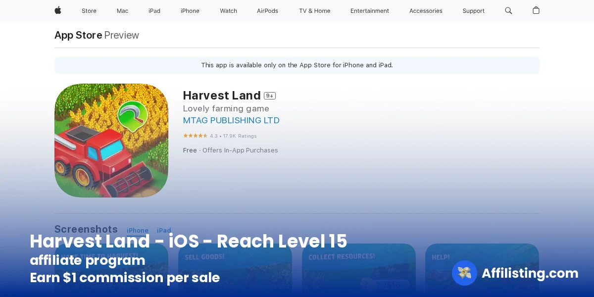 Harvest Land - iOS - Reach Level 15  affiliate program