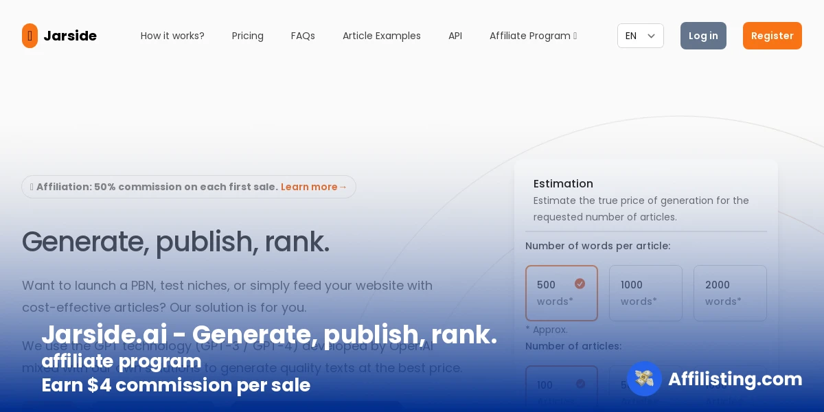 Jarside.ai - Generate, publish, rank. affiliate program
