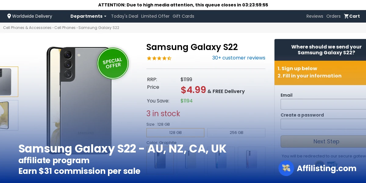 Samsung Galaxy S22 - AU, NZ, CA, UK affiliate program
