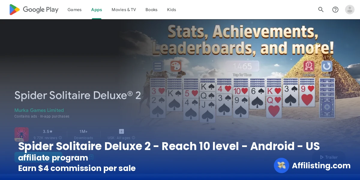 Spider Solitaire Deluxe 2 - Reach 10 level - Android - US affiliate program
